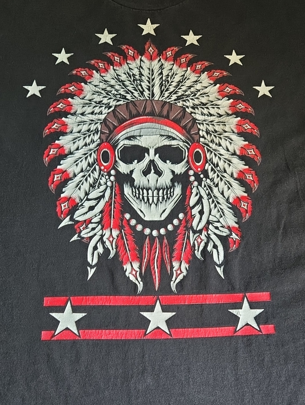 Black Graphic Skull Chief Tee - Red & White Accent
